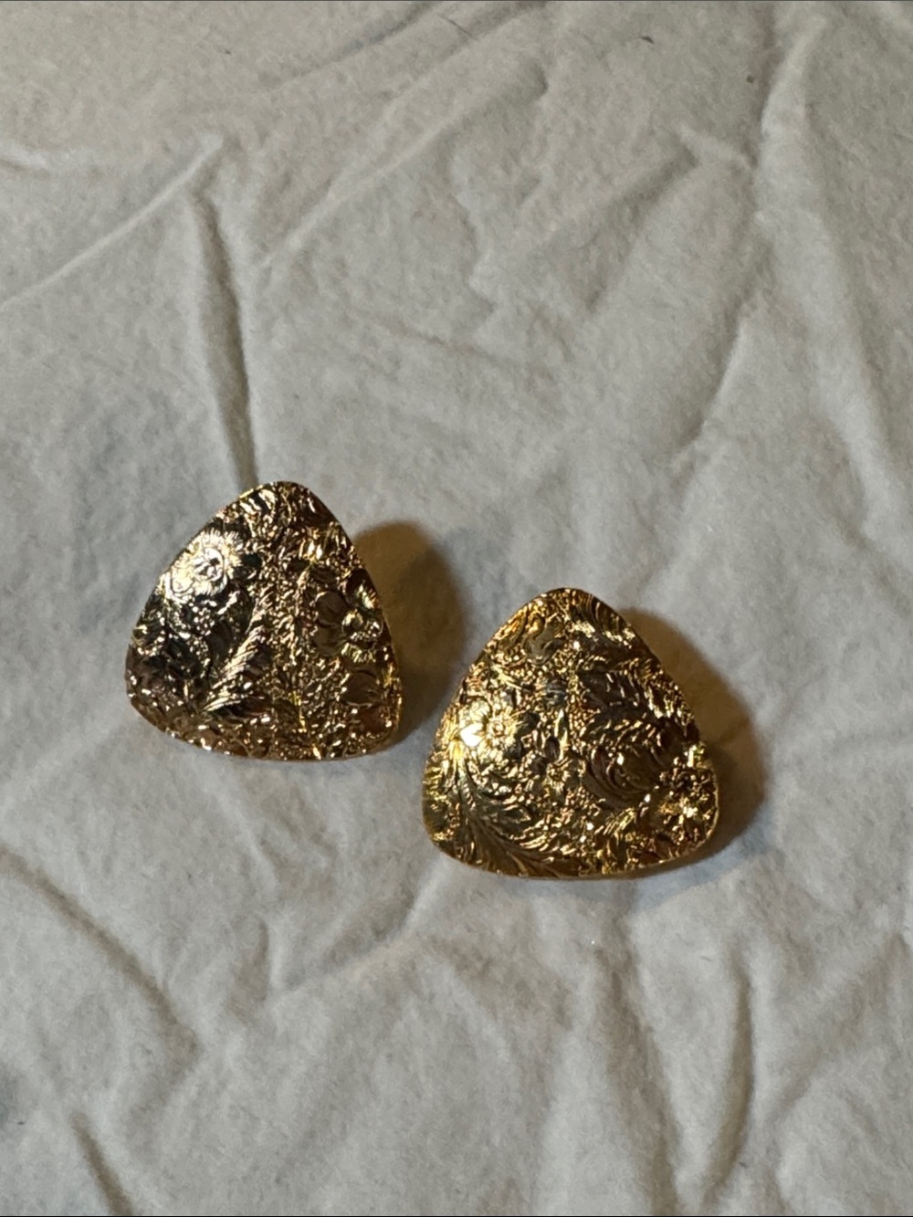 Thin Gold Floral Textured Triangle Statement Clip On Earrings